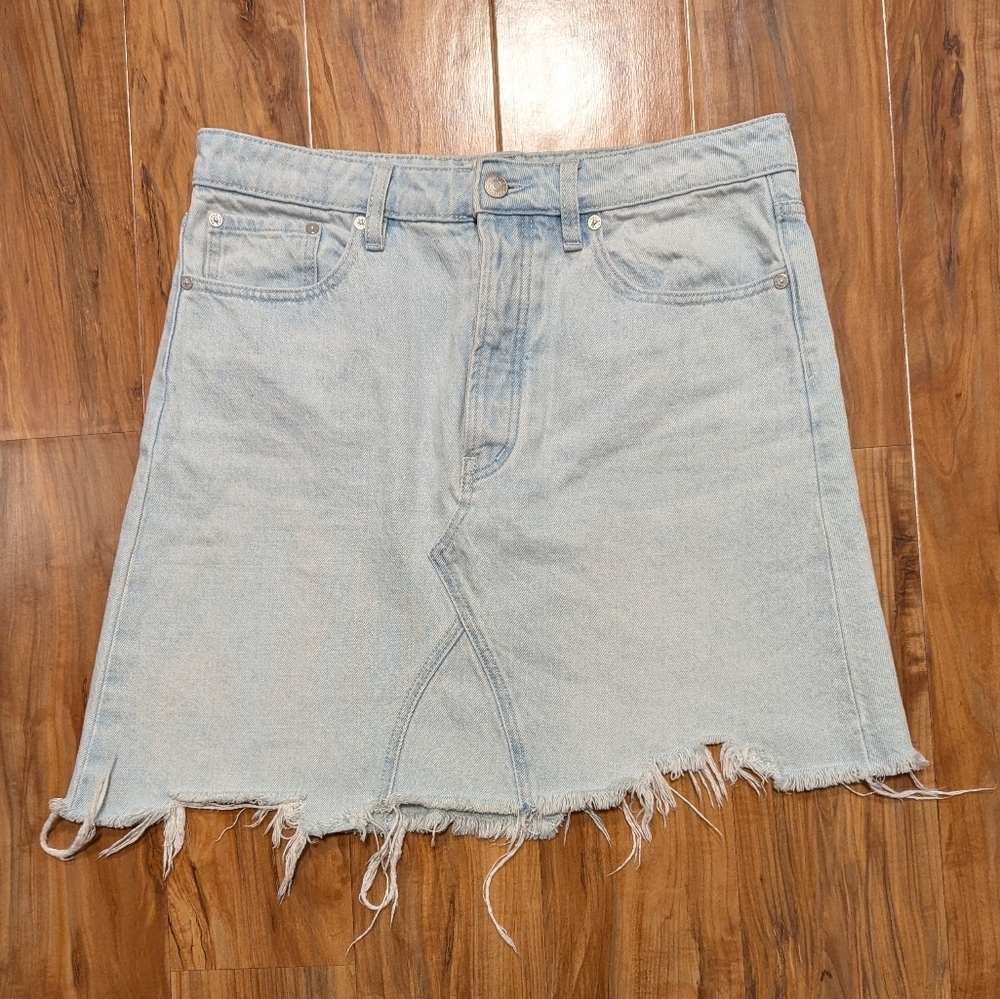 Free People Going Rogue Asymmetrical Hem Distressed Denim Skirt Women's 29